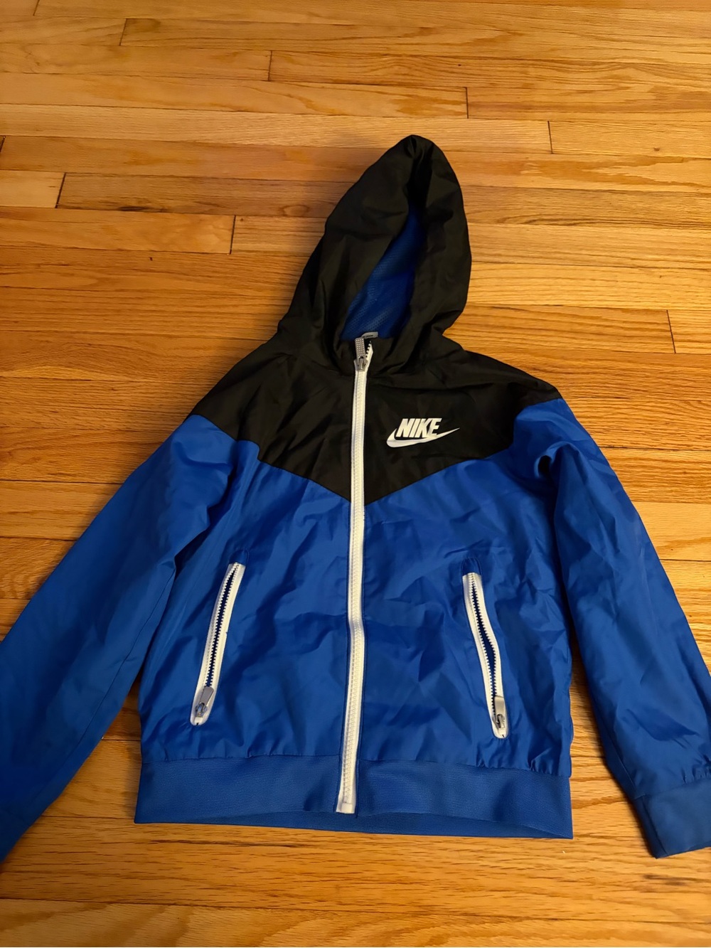 Nike Kids Blue and Black Hooded Rain Jacket with White Trim